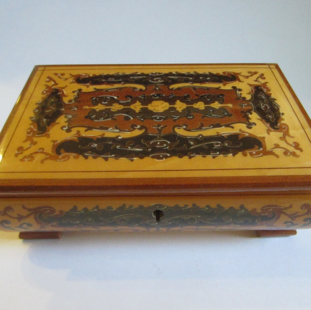 Italian Musical Inlaid Marquetry Wood Footed Hinged Sectional Jewelry Box